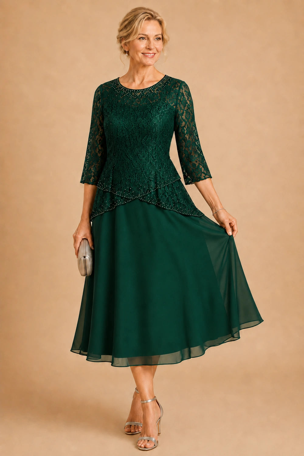 Beaded Lace Tea-Length Chiffon Formal Dress