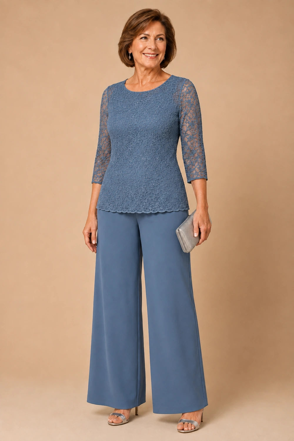Beaded Lace Wide-Leg Pant Suit with 3/4 Sleeves