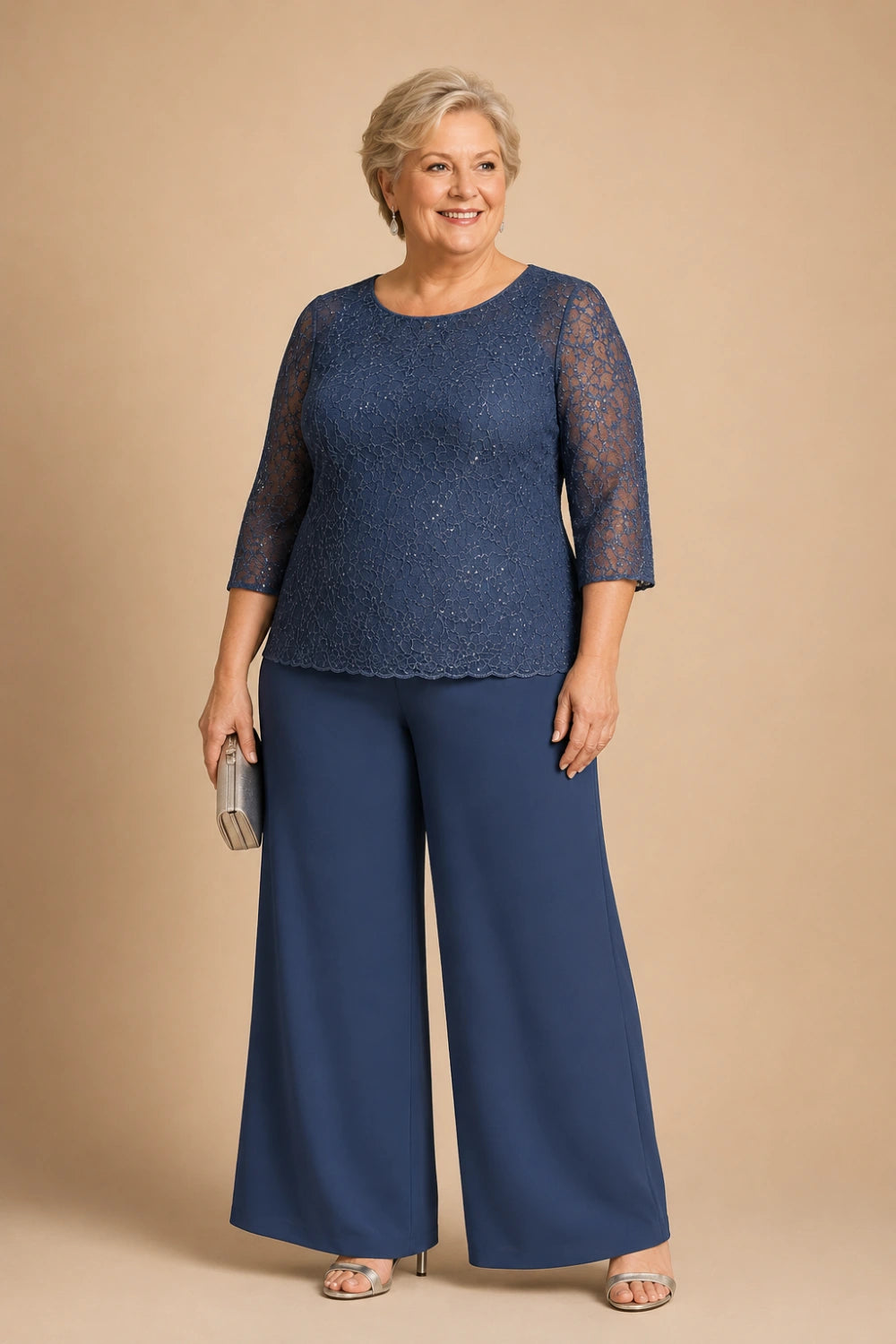 Beaded Lace Wide-Leg Pant Suit with 3/4 Sleeves
