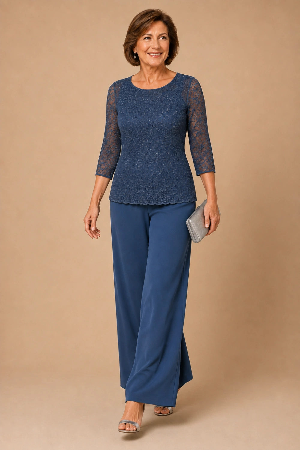 Beaded Lace Wide-Leg Pant Suit with 3/4 Sleeves