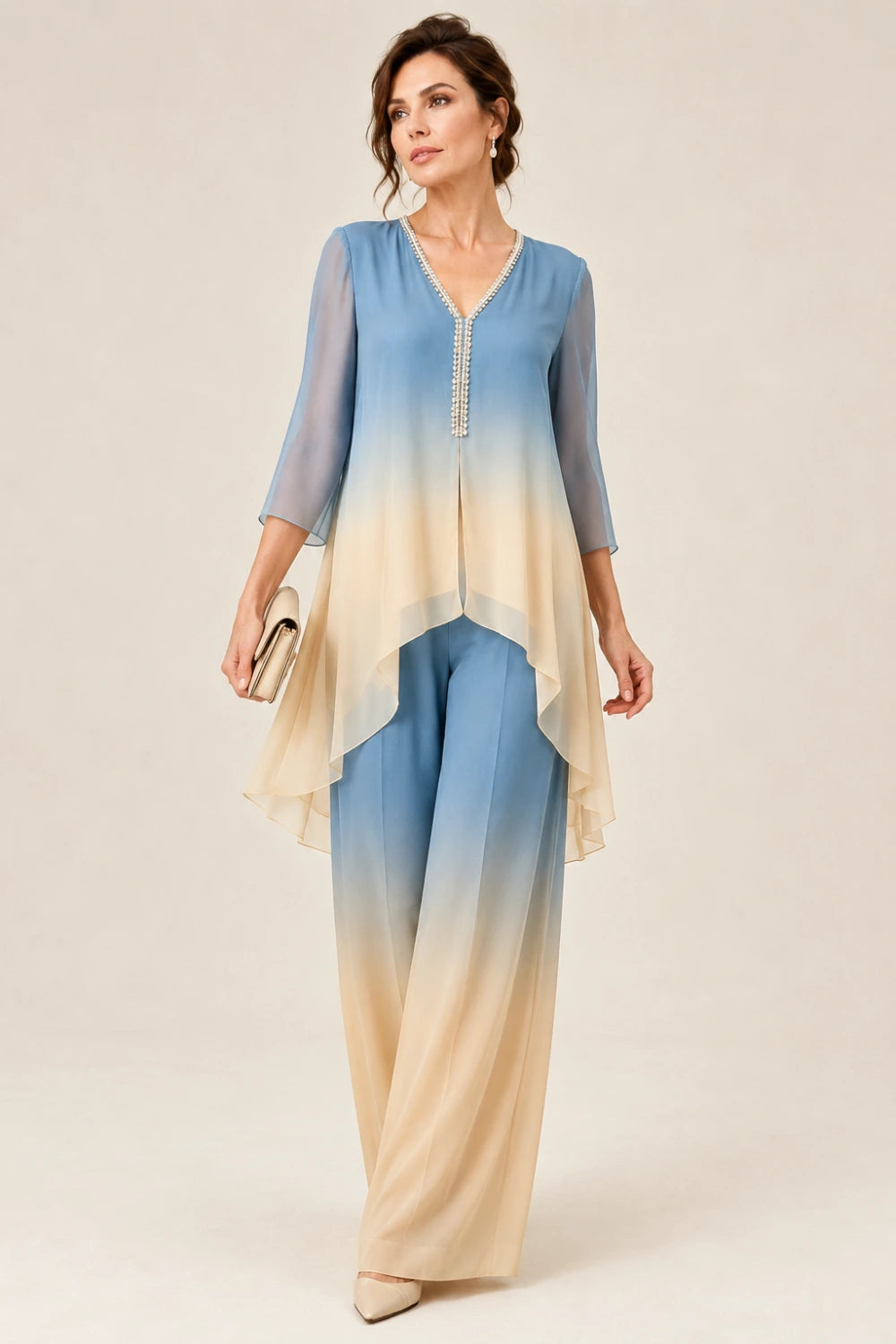 Beaded Ombre Chiffon Capelet Pant Suit