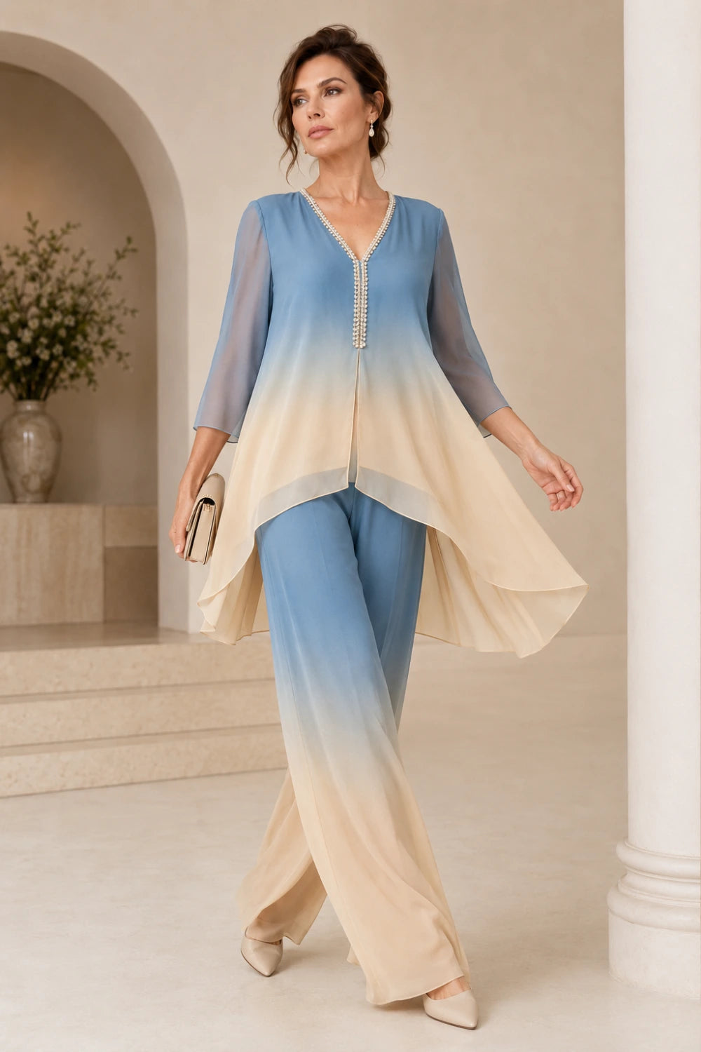 Beaded Ombre Chiffon Capelet Pant Suit