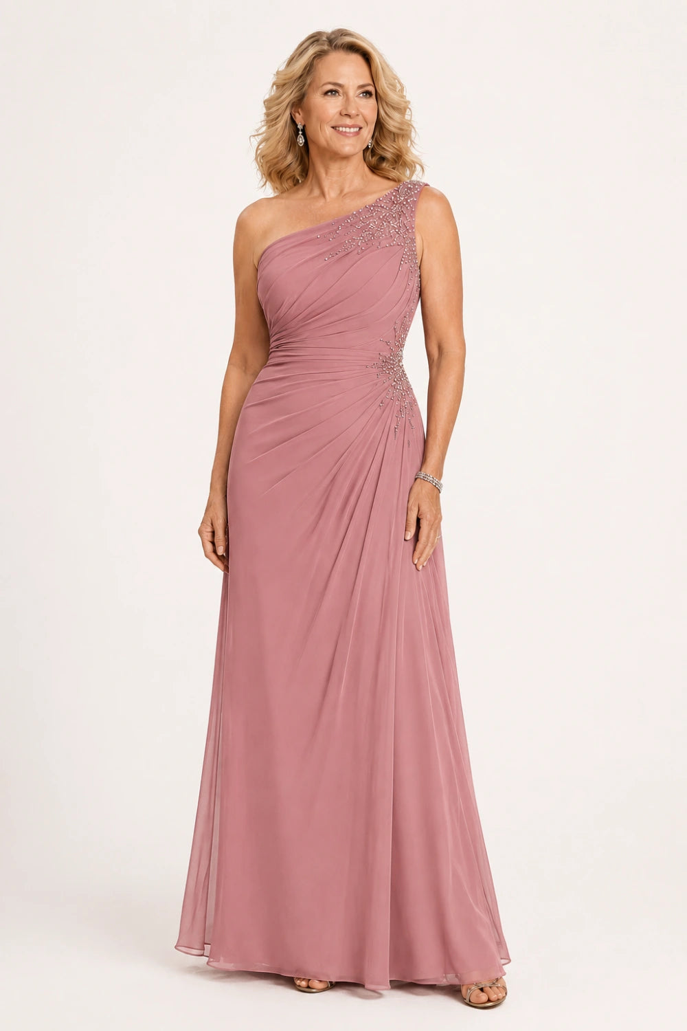 Beaded One-Shoulder Ruched Chiffon Evening Gown