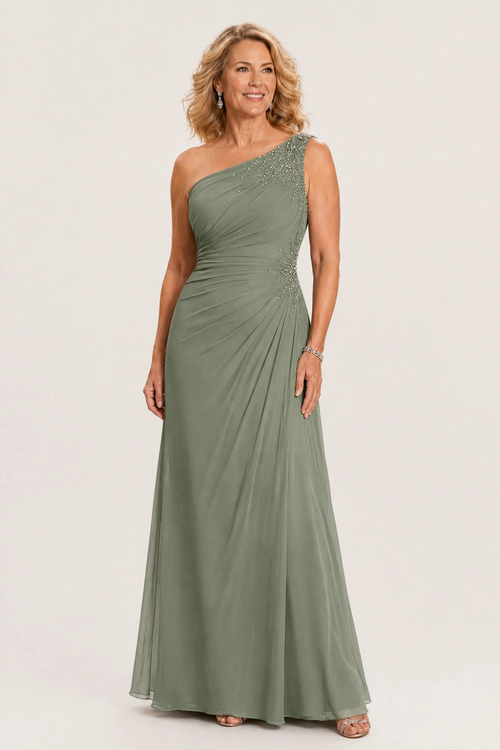 Beaded One-Shoulder Ruched Chiffon Evening Gown