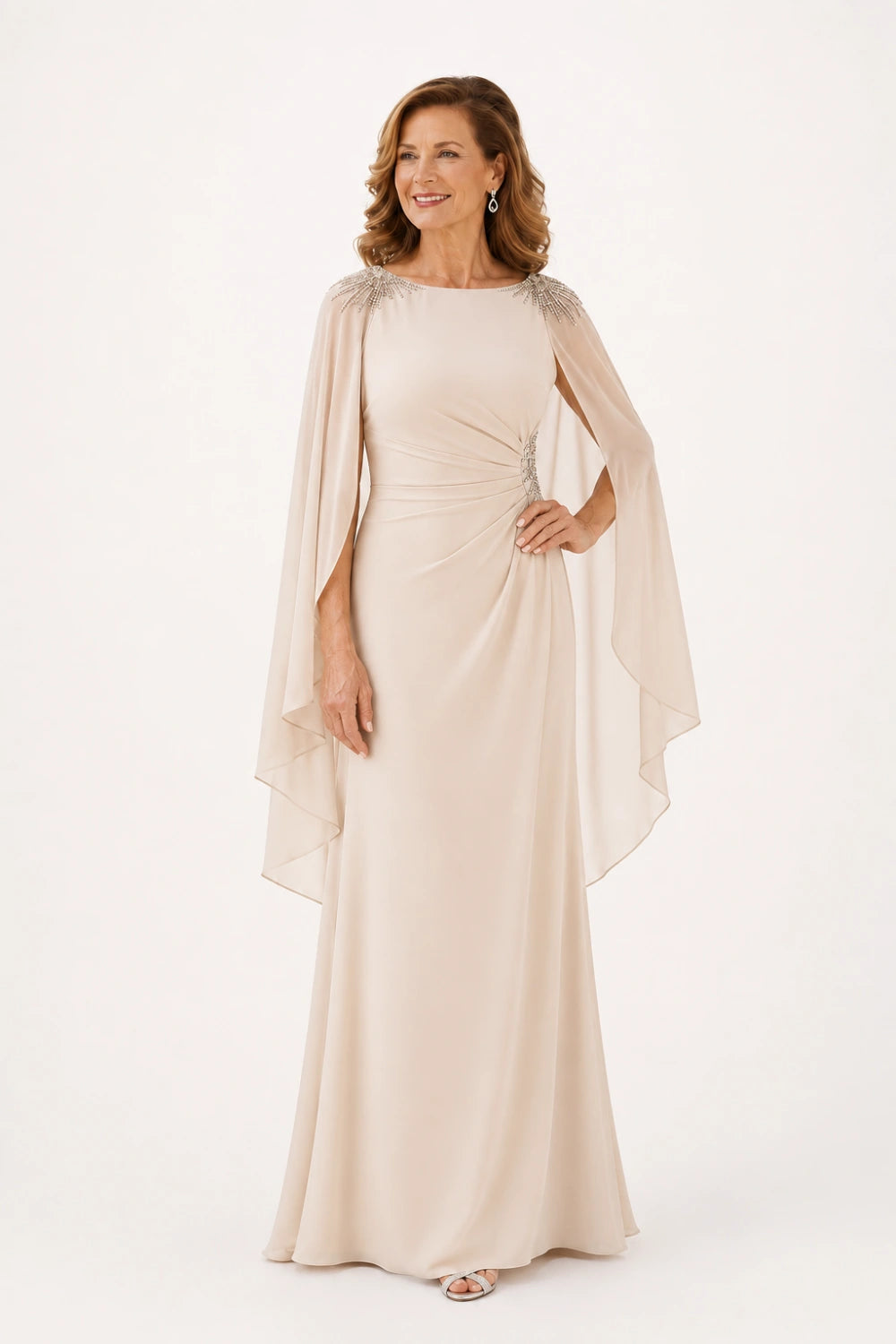 Beaded Ruched Chiffon Cape-Sleeve Gown