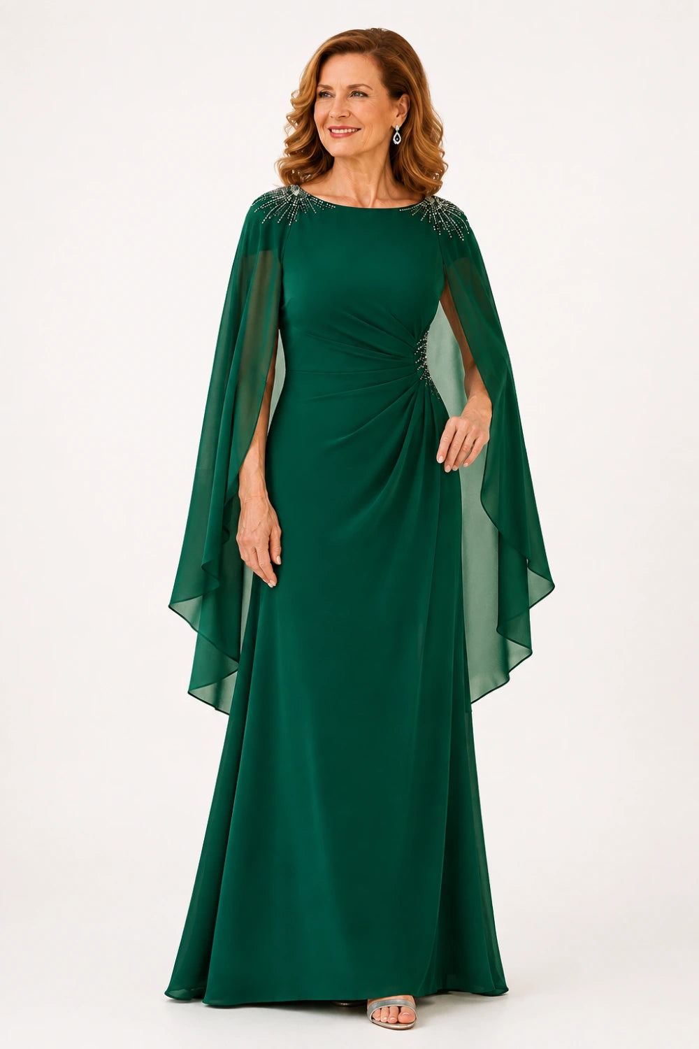 Beaded Ruched Chiffon Cape-Sleeve Gown