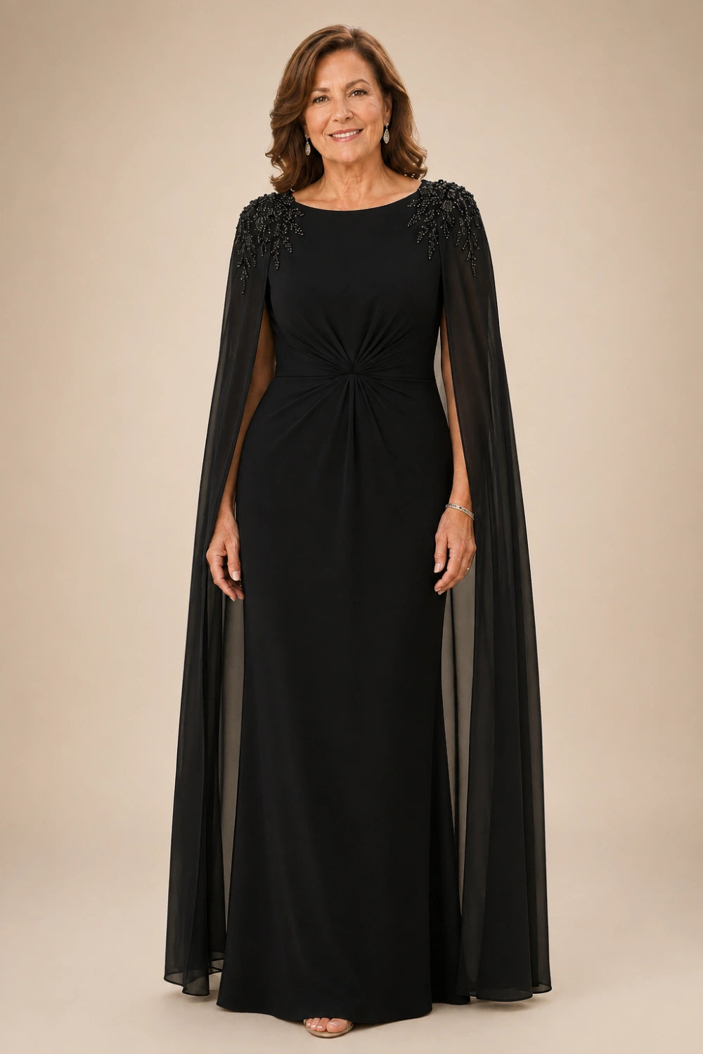 Beaded Shoulder Cape-Sleeve Ruched A-Line Dress