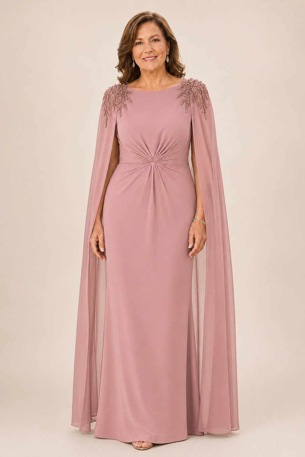 Beaded Shoulder Cape-Sleeve Ruched A-Line Dress