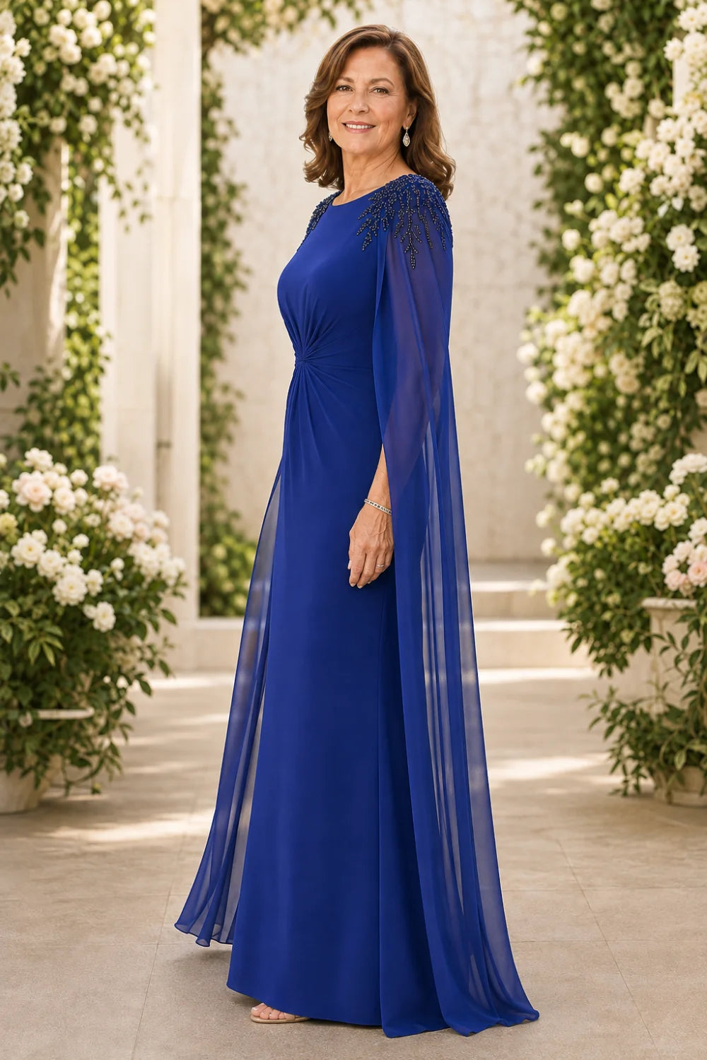 Beaded Shoulder Cape-Sleeve Ruched A-Line Dress