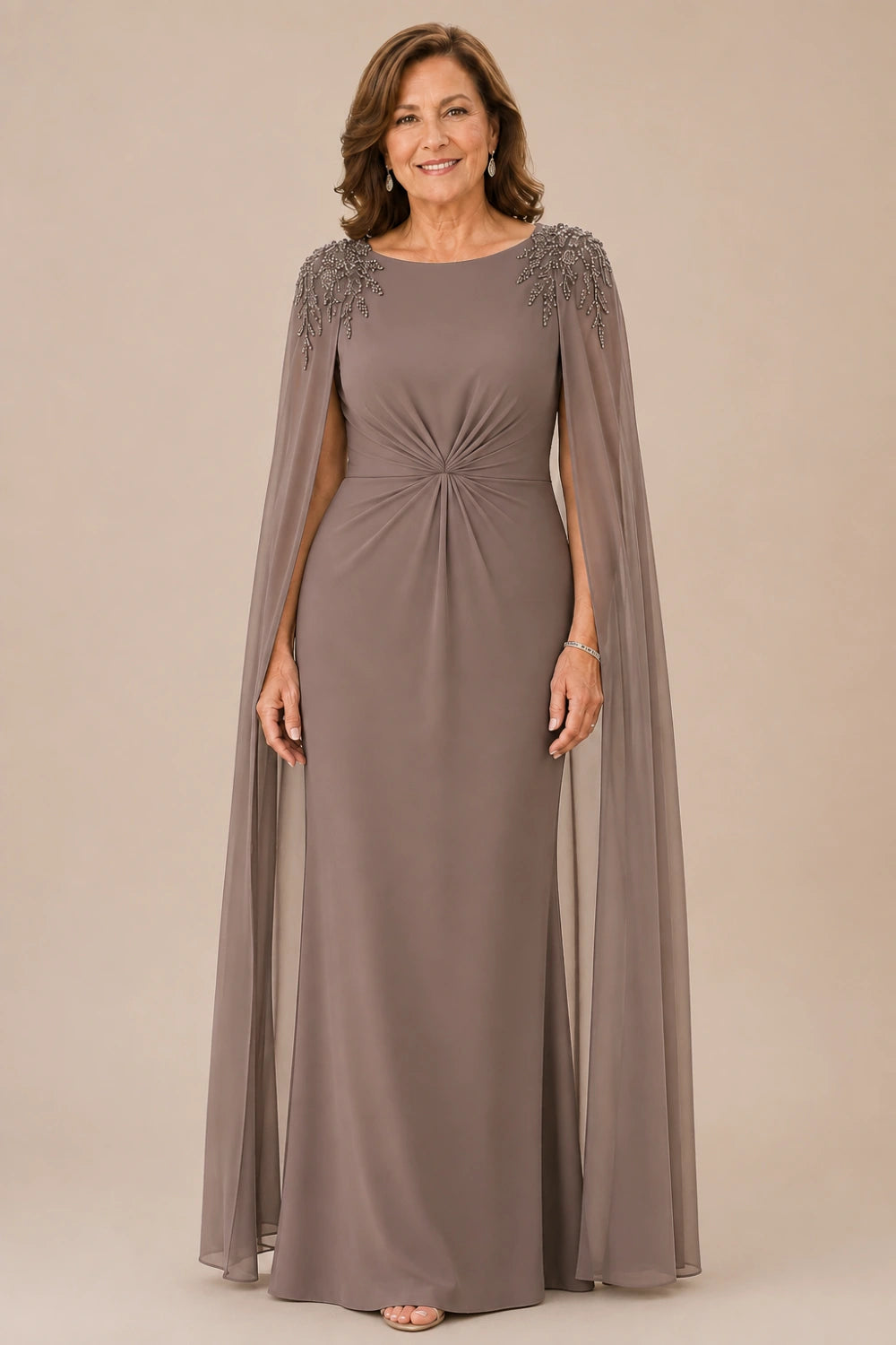 Beaded Shoulder Cape-Sleeve Ruched A-Line Dress
