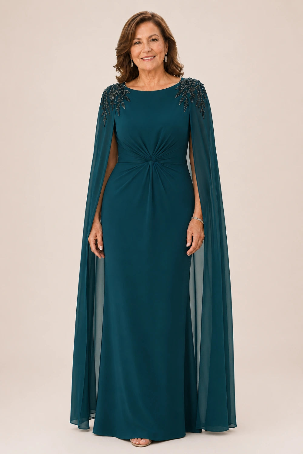 Beaded Shoulder Cape-Sleeve Ruched A-Line Dress