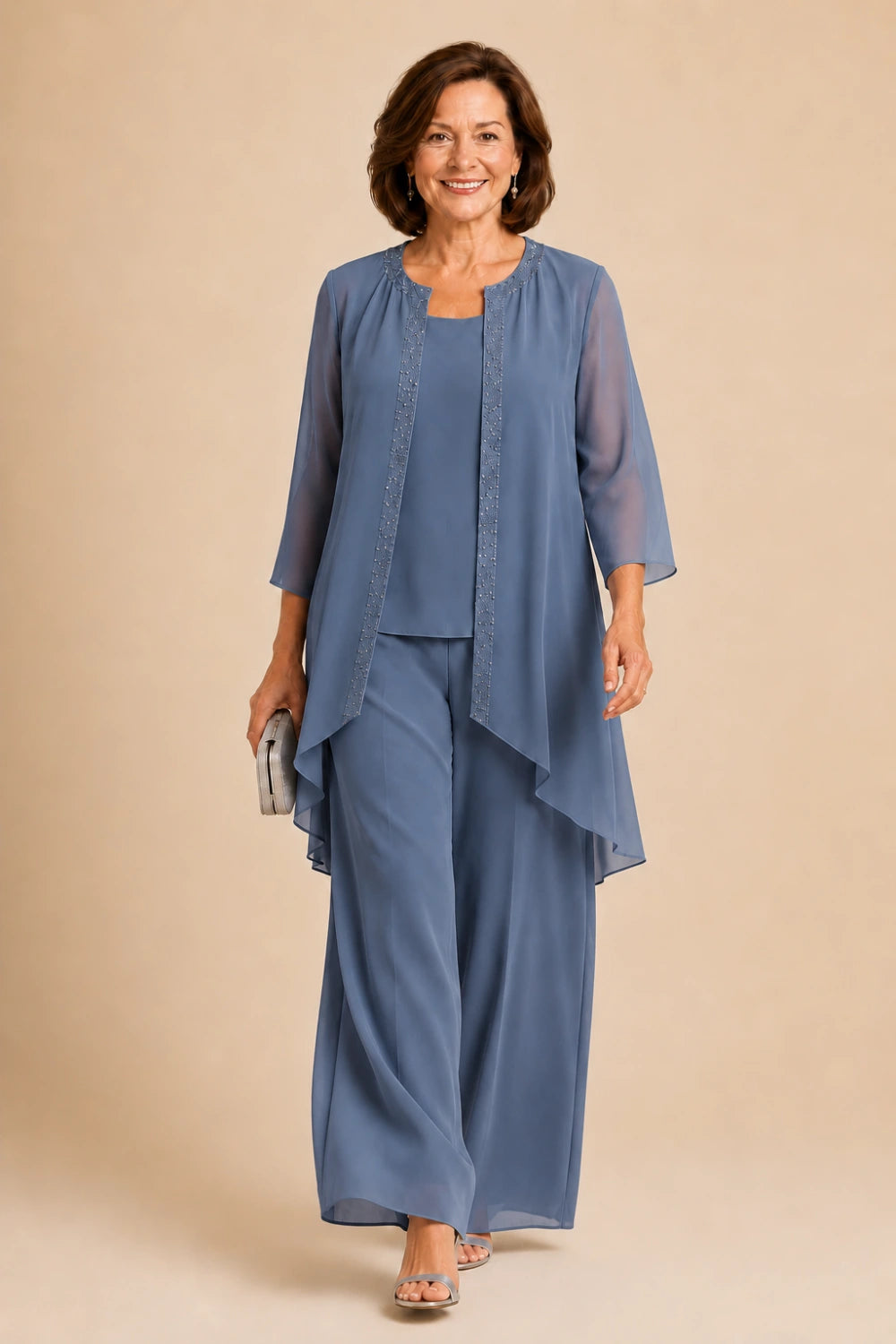 Beaded Three-Piece Chiffon Pant Suit with Draped Jacket