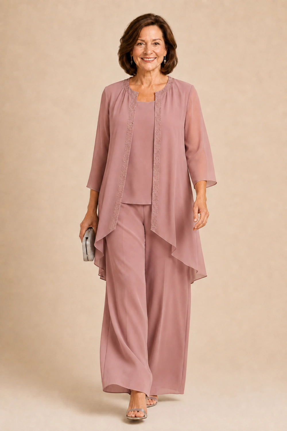 Beaded Three-Piece Chiffon Pant Suit with Draped Jacket