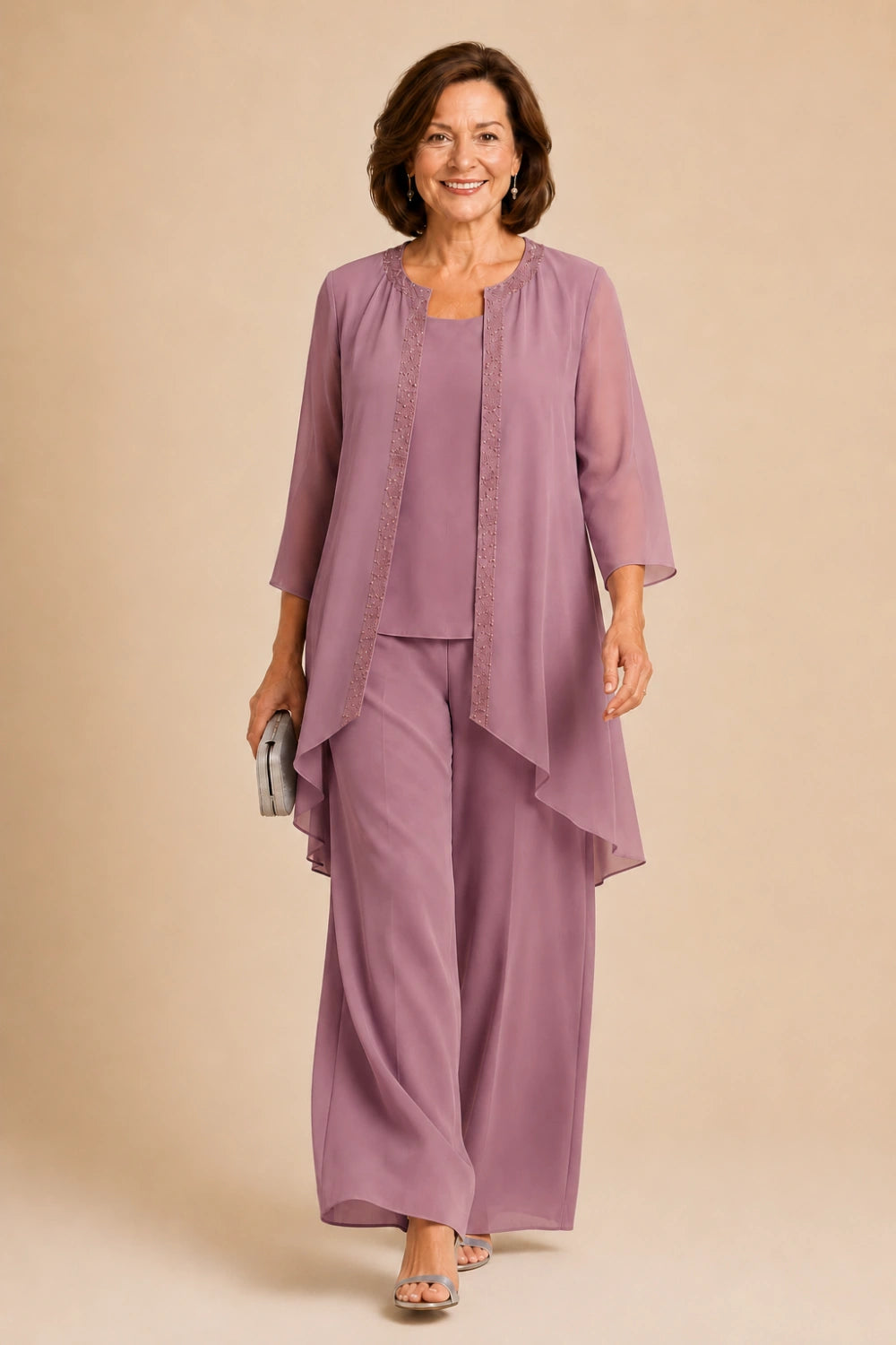 Beaded Three-Piece Chiffon Pant Suit with Draped Jacket