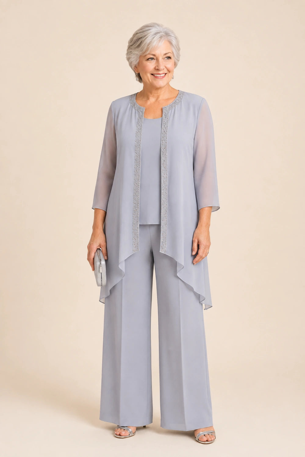 Beaded Three-Piece Chiffon Pant Suit with Draped Jacket