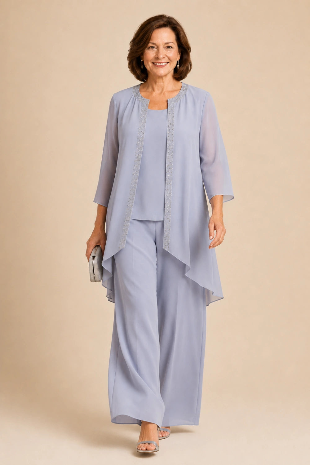 Beaded Three-Piece Chiffon Pant Suit with Draped Jacket