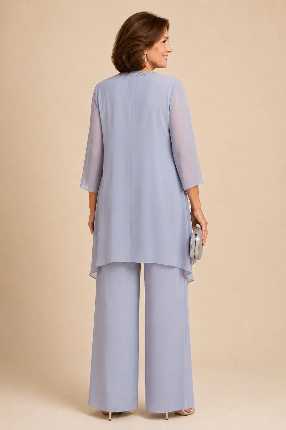 Beaded Three-Piece Chiffon Pant Suit with Draped Jacket