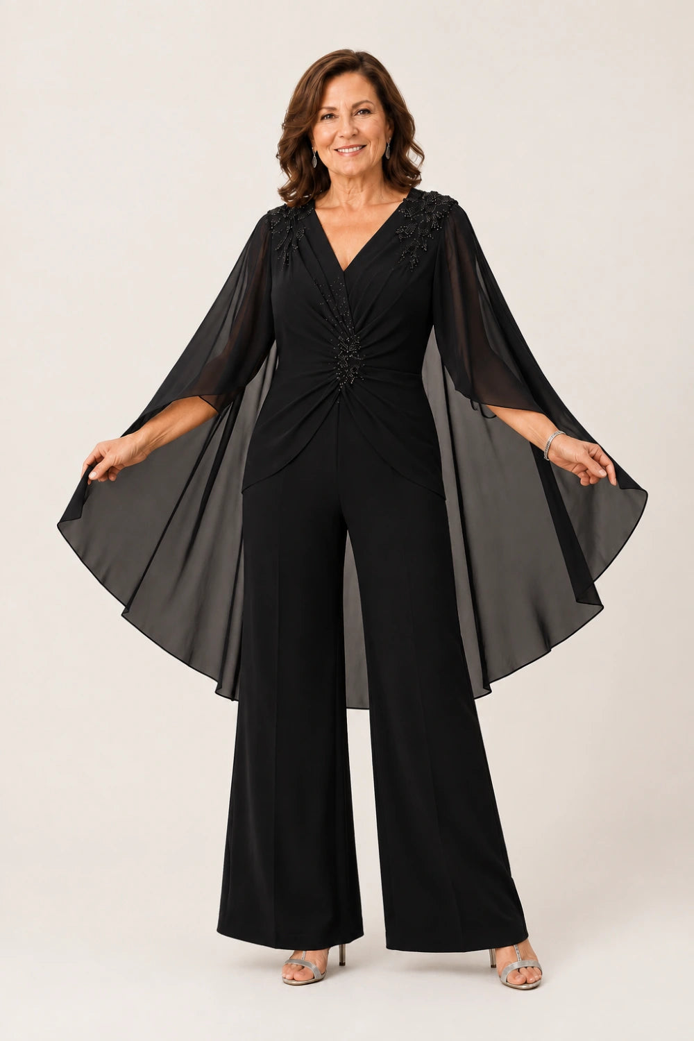 Beaded V-Neck Cape-Sleeve Wide-Leg Jumpsuit