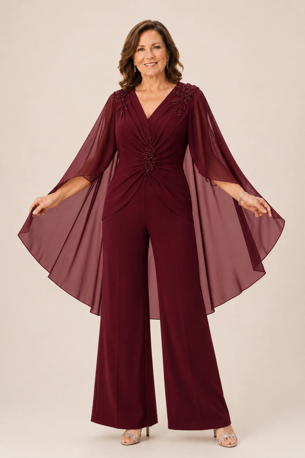 Beaded V-Neck Cape-Sleeve Wide-Leg Jumpsuit