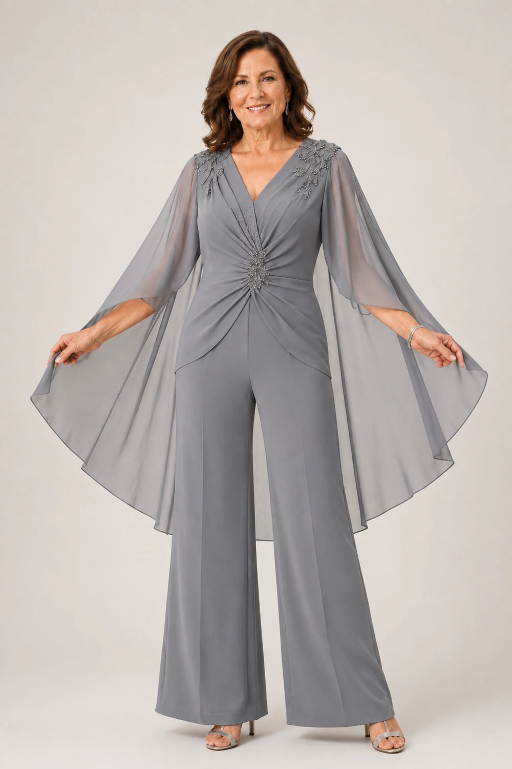 Beaded V-Neck Cape-Sleeve Wide-Leg Jumpsuit