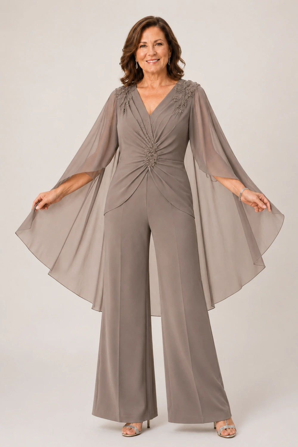 Beaded V-Neck Cape-Sleeve Wide-Leg Jumpsuit