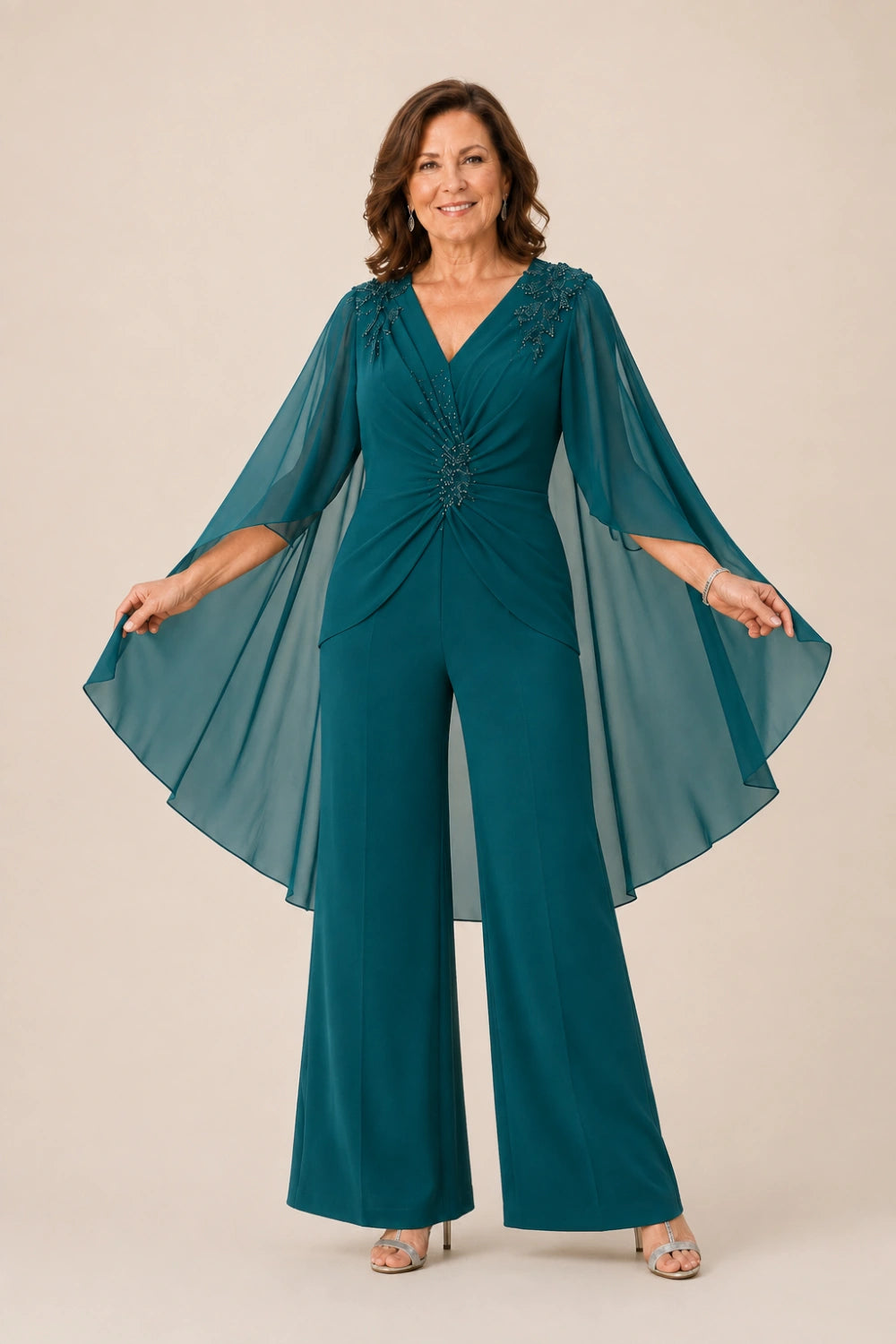 Beaded V-Neck Cape-Sleeve Wide-Leg Jumpsuit