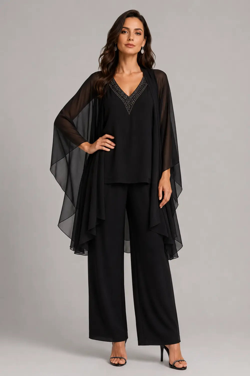 Beaded V-Neck Chiffon Capelet Pant Suit