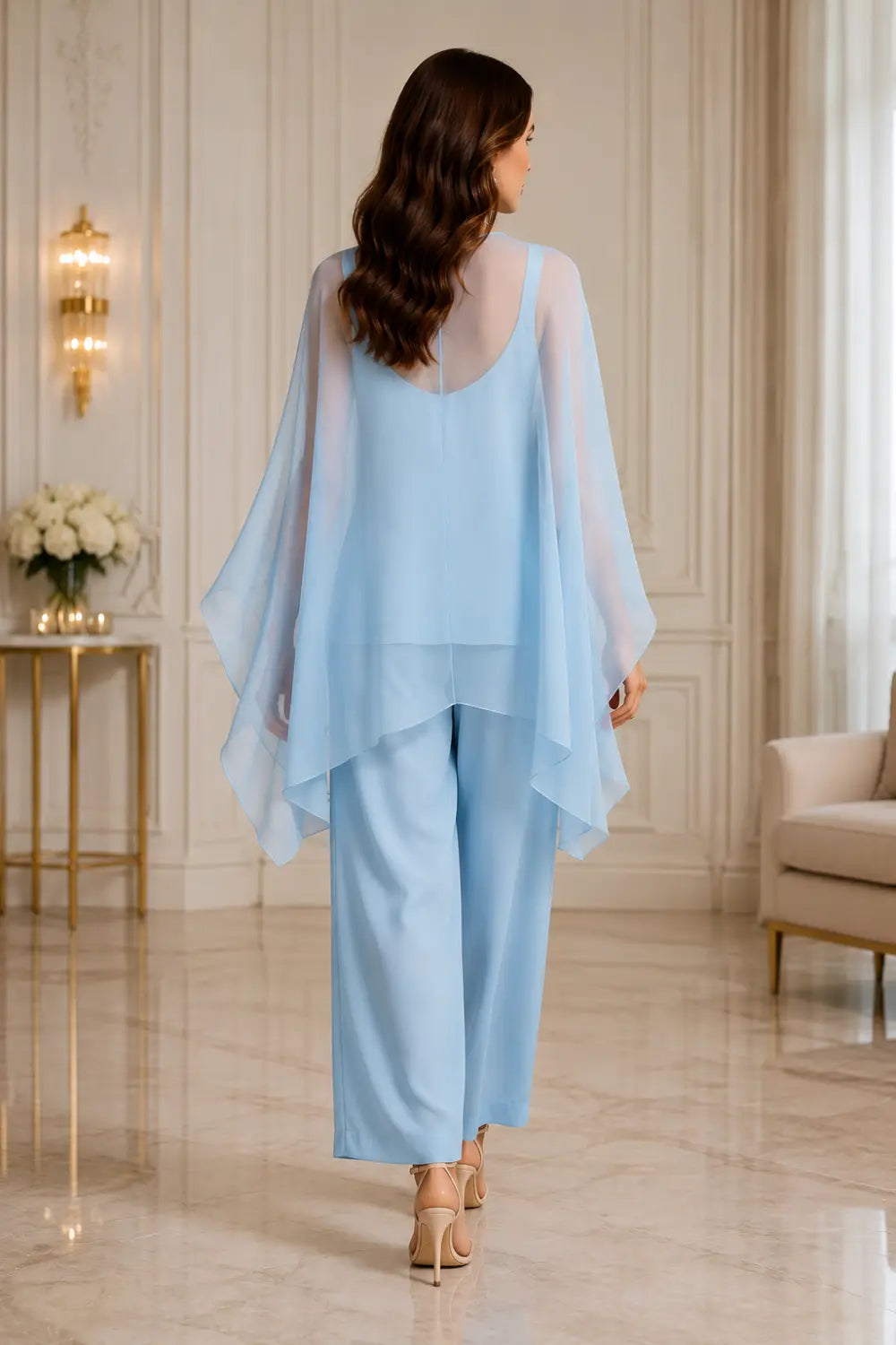 Beaded V-Neck Chiffon Capelet Pant Suit