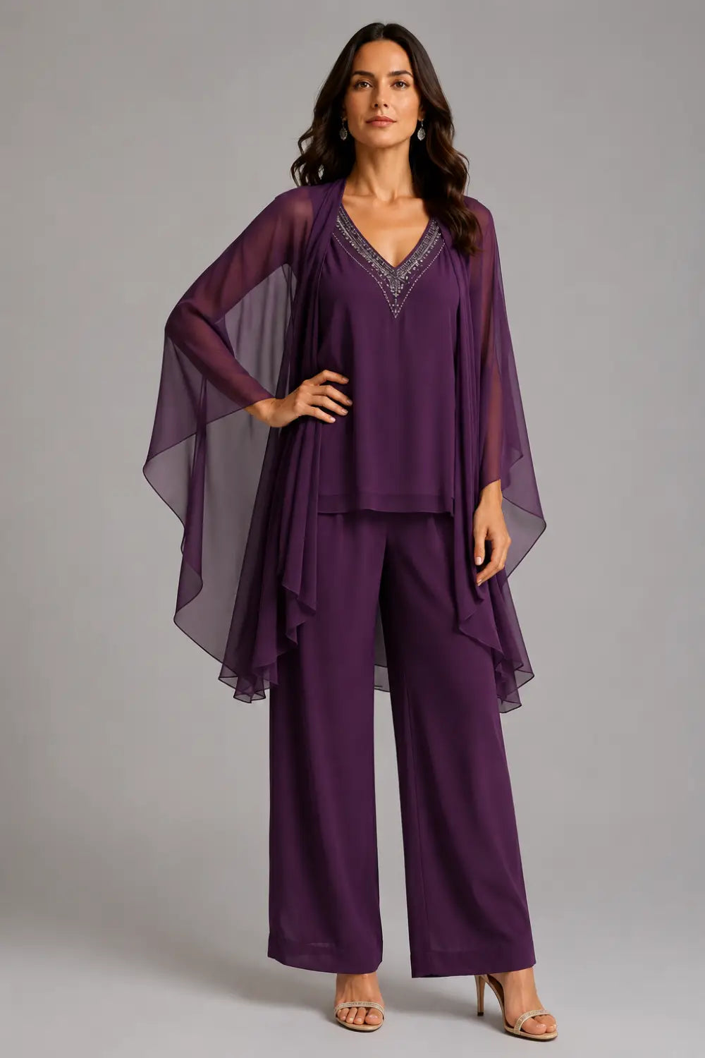 Beaded V-Neck Chiffon Capelet Pant Suit
