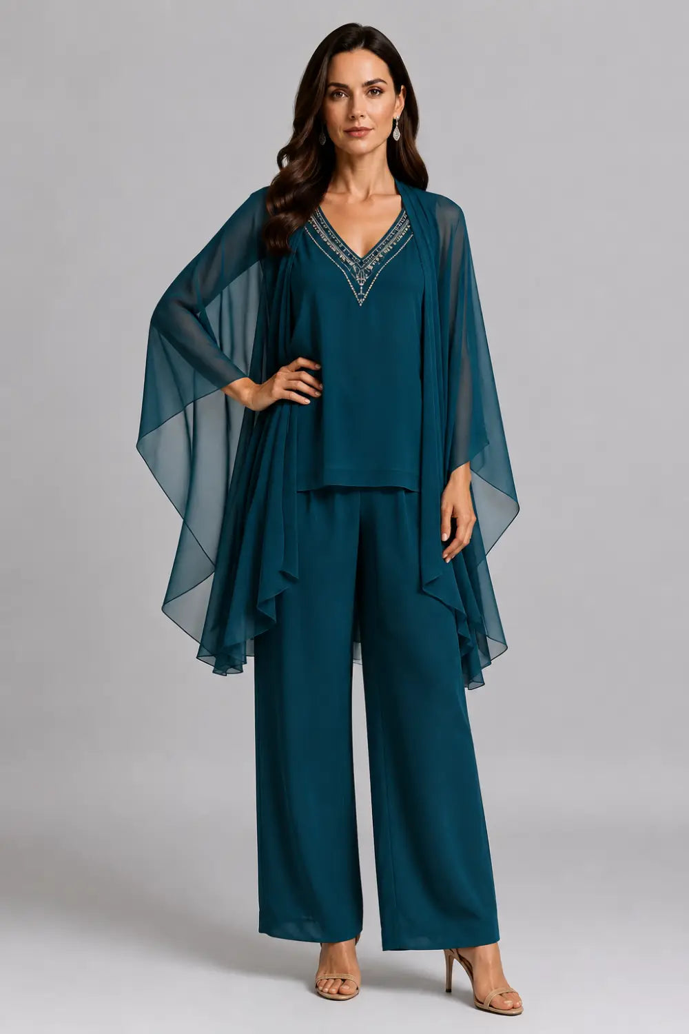 Beaded V-Neck Chiffon Capelet Pant Suit