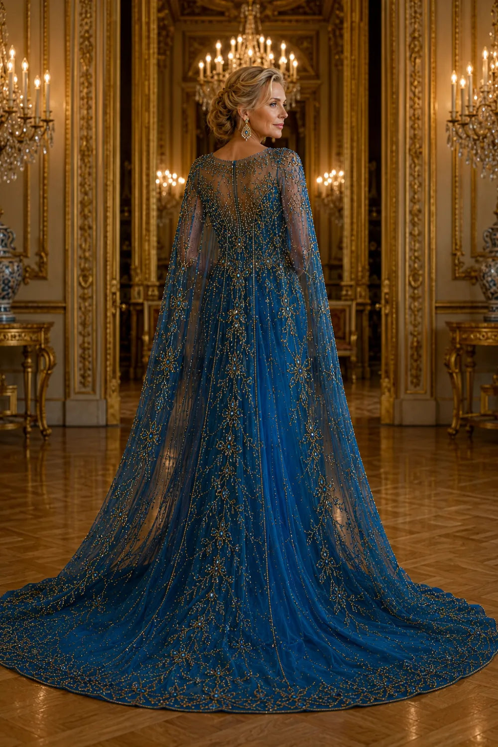 Royal Blue Evening Gown with Cape and Gold Beading