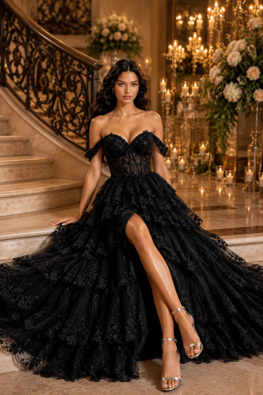 Off‑Shoulder Lace Corset Tiered Tulle Gown