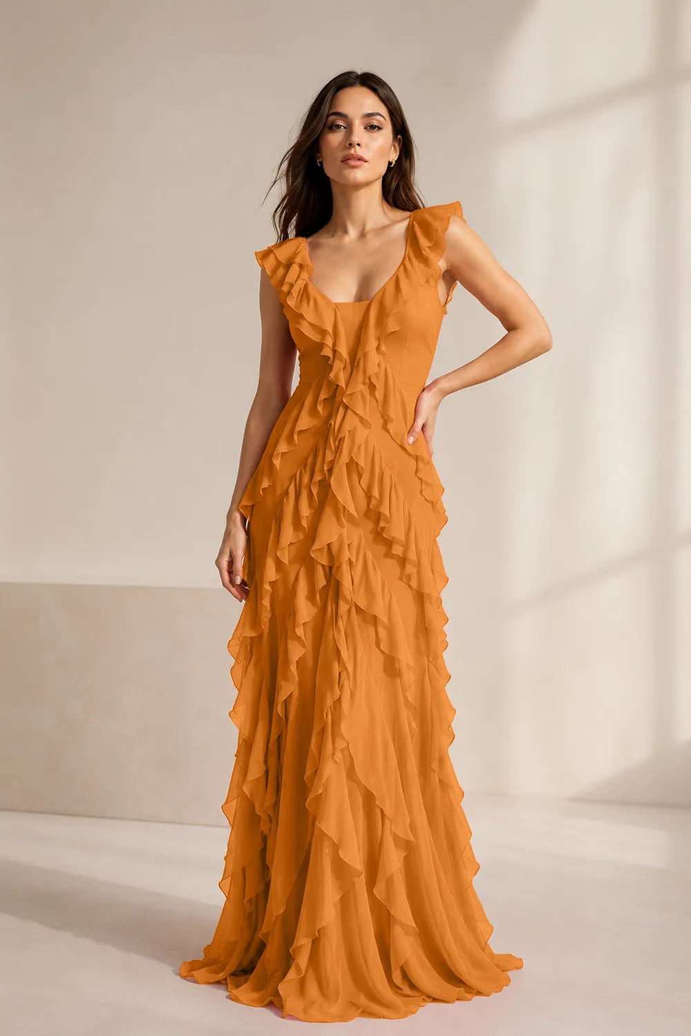 Ruffled Chiffon Maxi Formal Dress