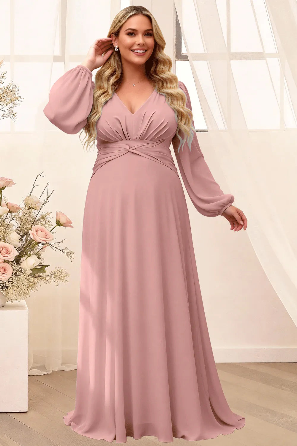 Sophisticated V-Neck Long Sleeve Flowing Formal Gown