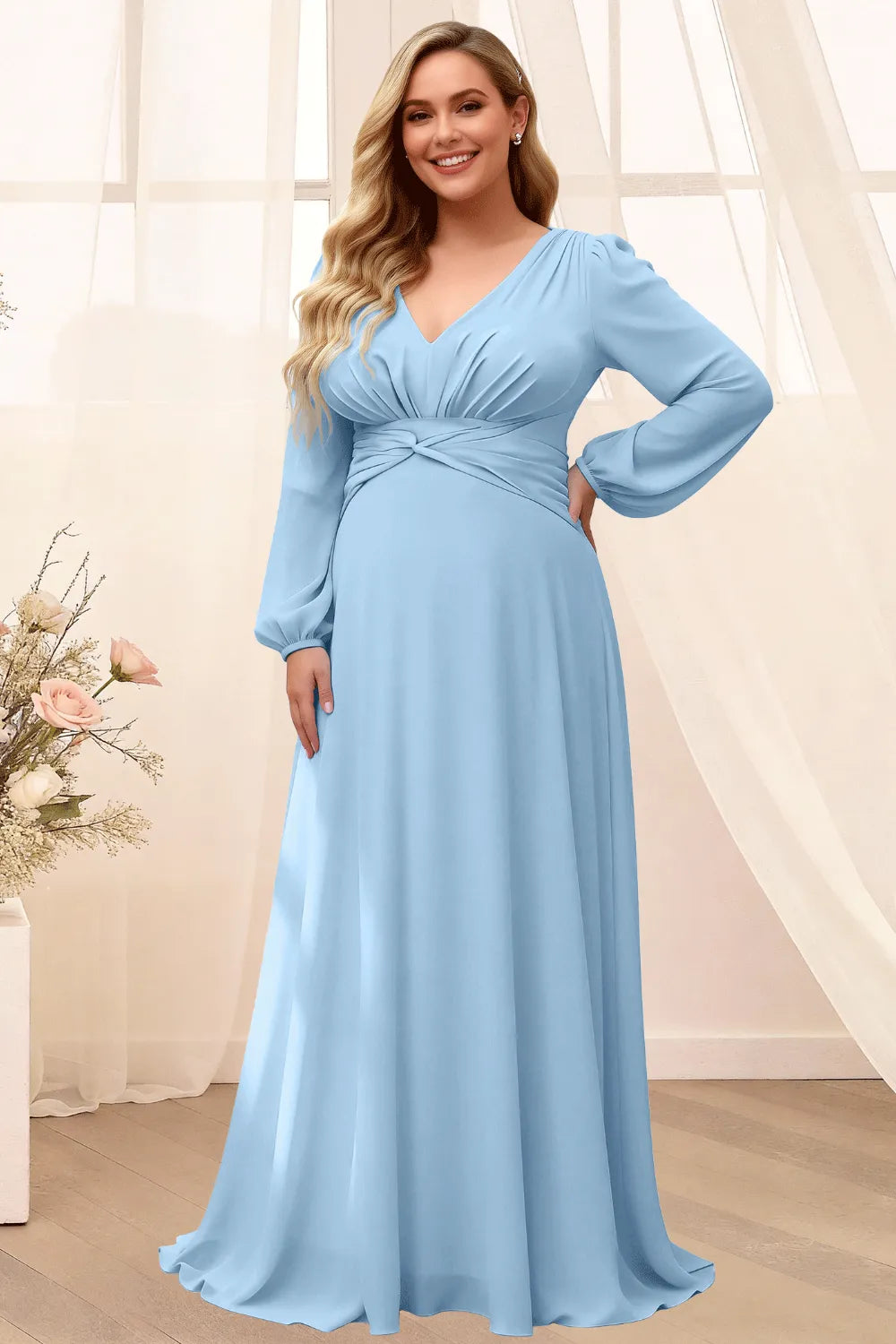 Sophisticated V-Neck Long Sleeve Flowing Formal Gown