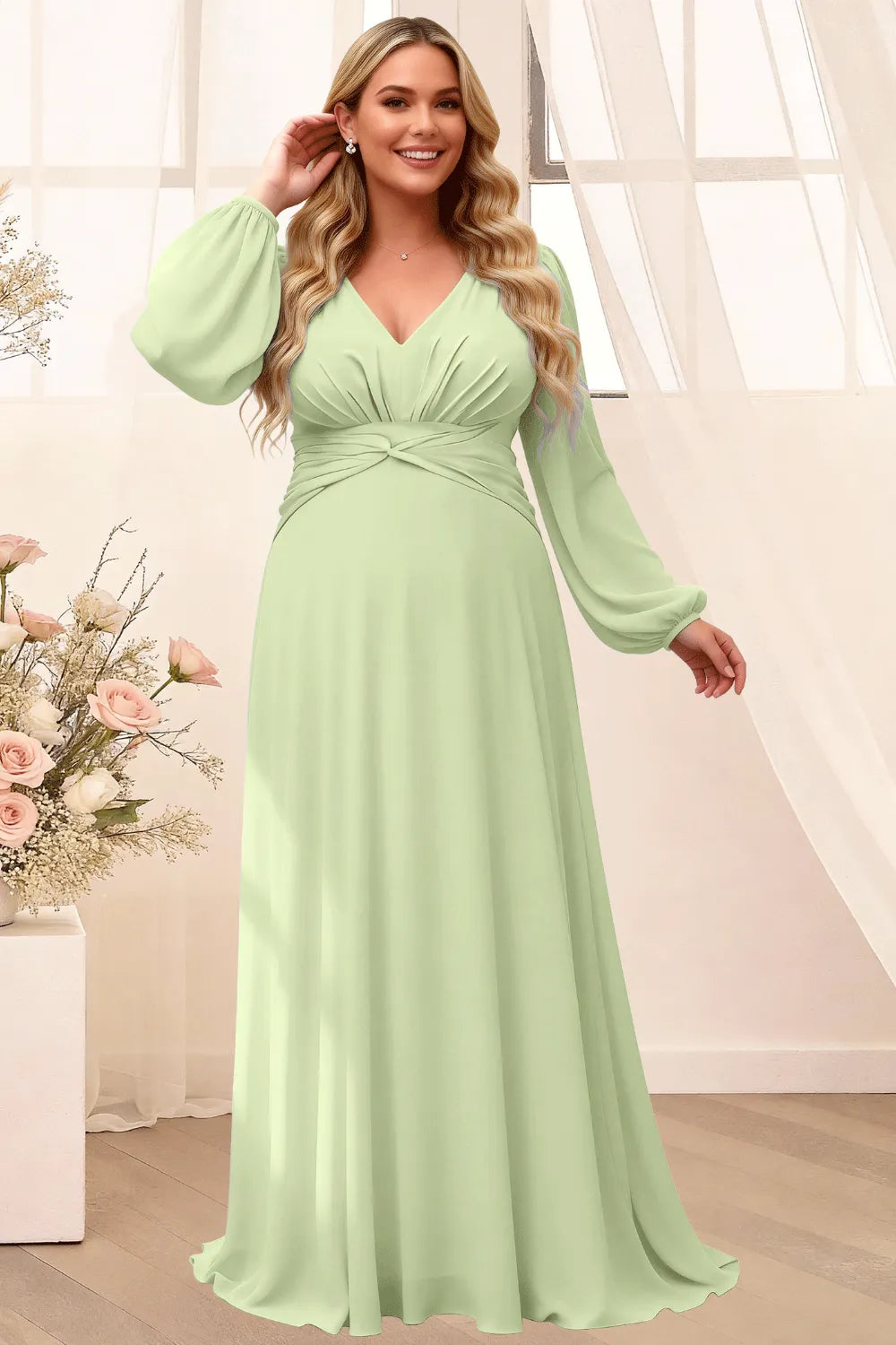 Sophisticated V-Neck Long Sleeve Flowing Formal Gown