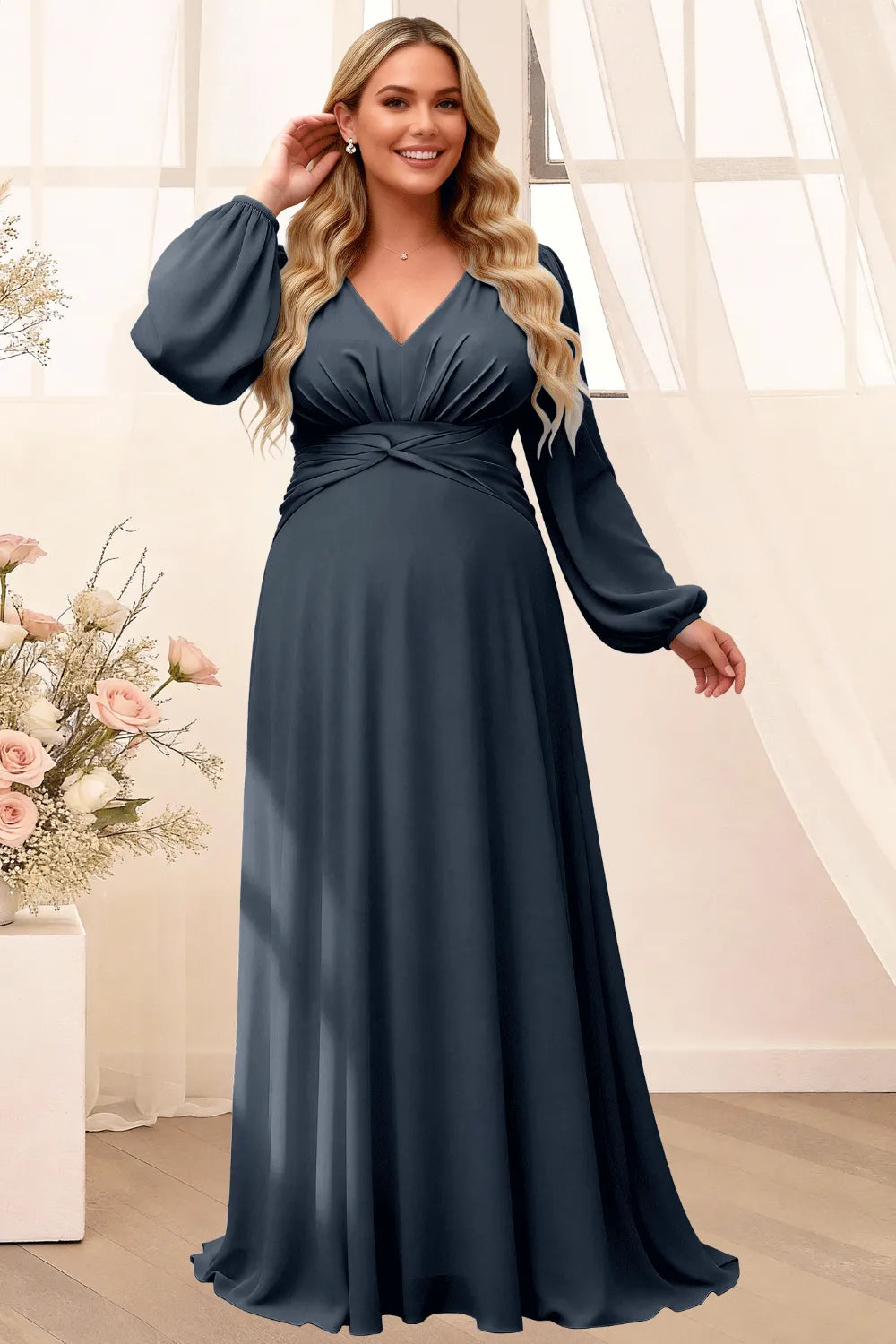 Sophisticated V-Neck Long Sleeve Flowing Formal Gown