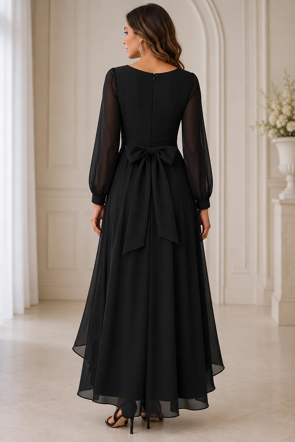 Long Sleeve Chiffon High-Low Wedding Guest Dress