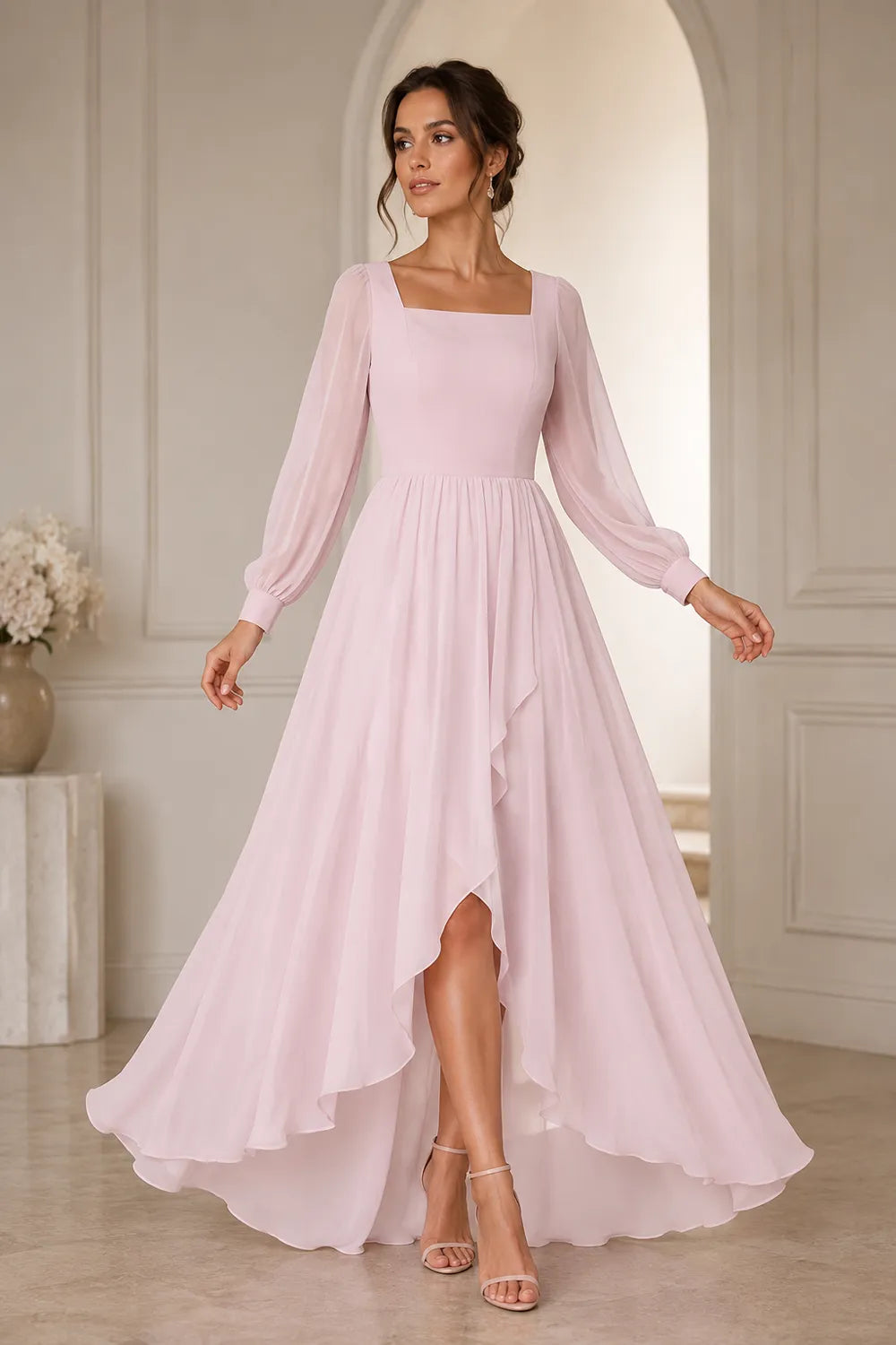 Long Sleeve Chiffon High-Low Wedding Guest Dress