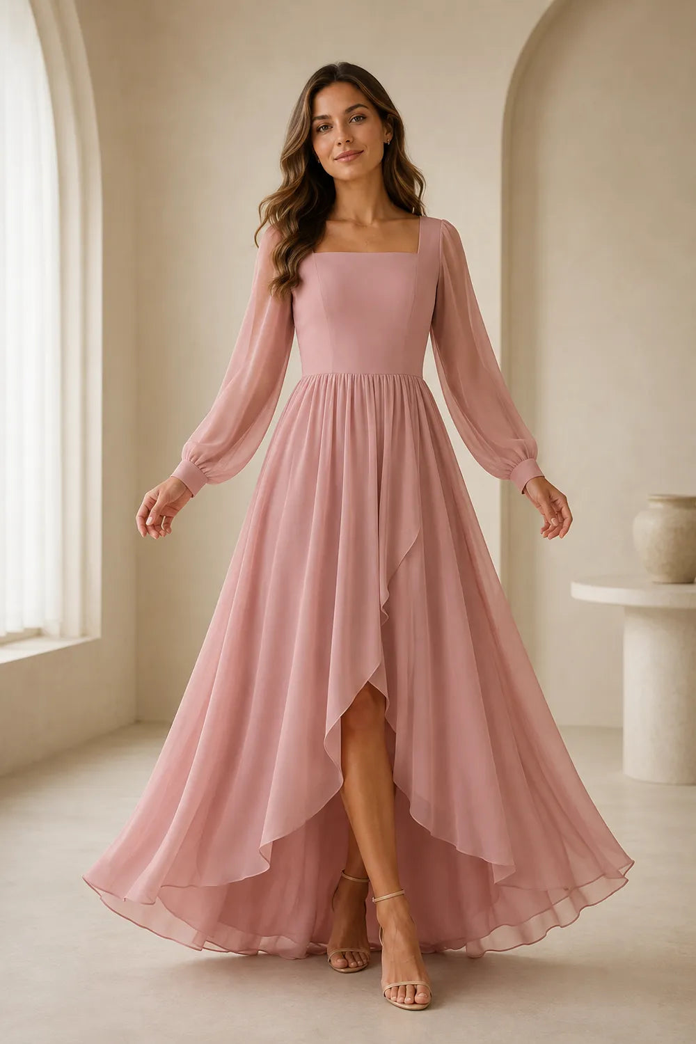 Long Sleeve Chiffon High-Low Wedding Guest Dress