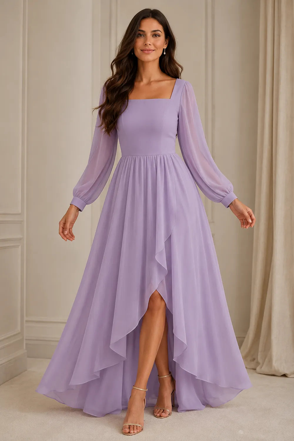 Long Sleeve Chiffon High-Low Wedding Guest Dress
