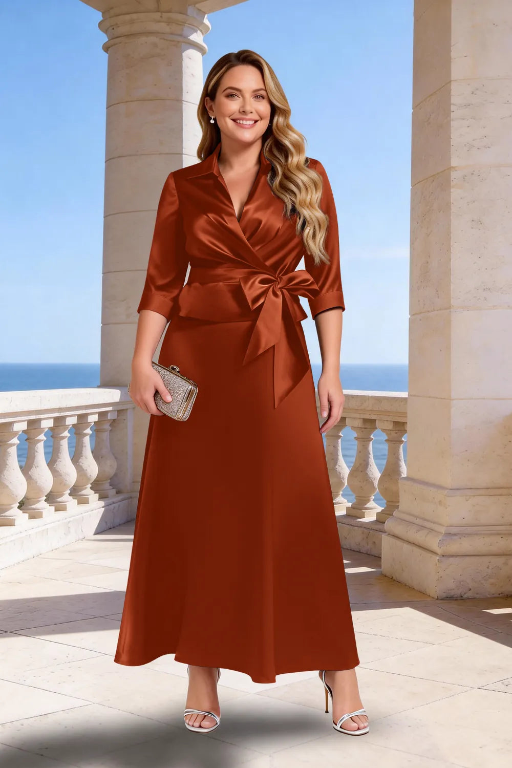 Graceful Satin Wrap Maxi Dress with Collar