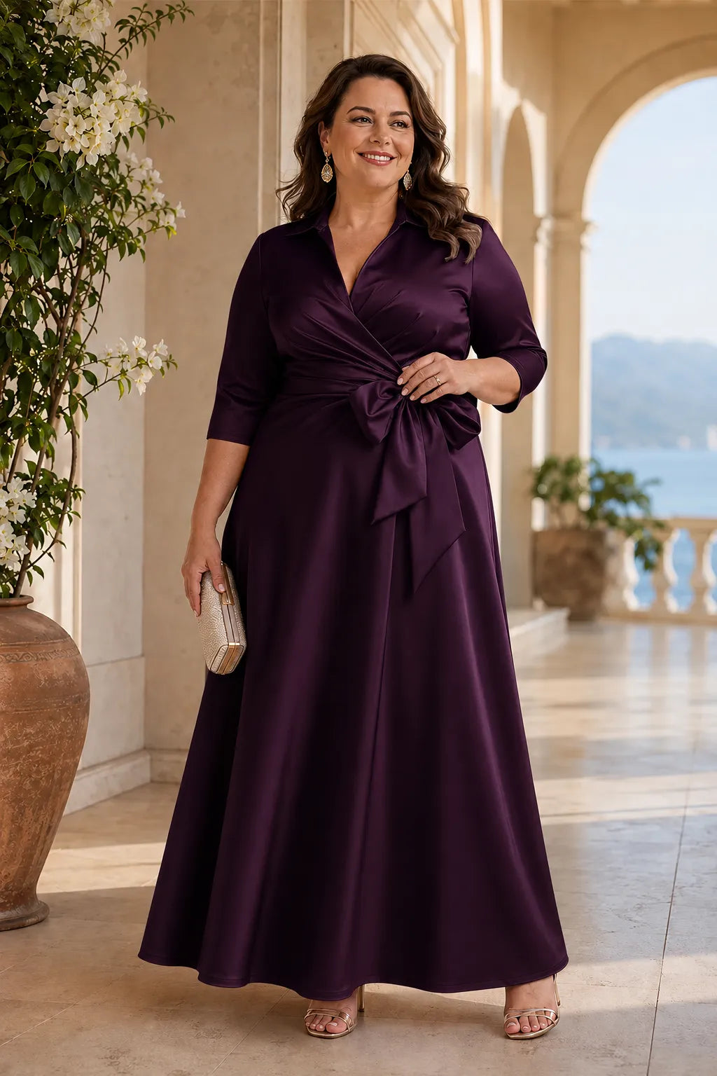Graceful Satin Wrap Maxi Dress with Collar