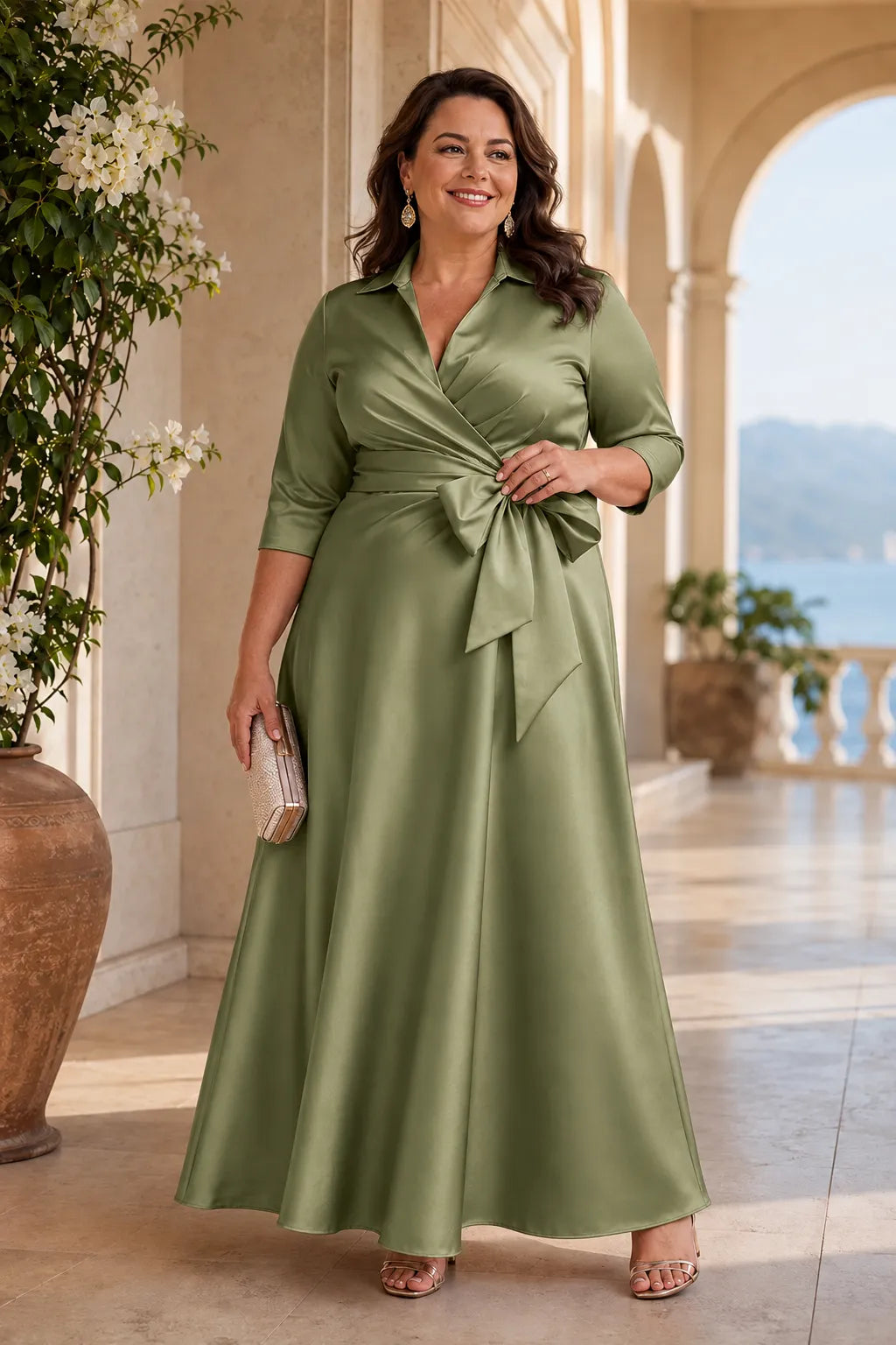 Graceful Satin Wrap Maxi Dress with Collar