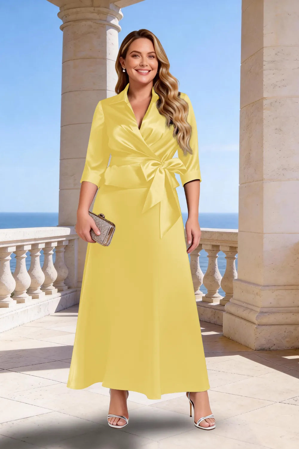 Graceful Satin Wrap Maxi Dress with Collar
