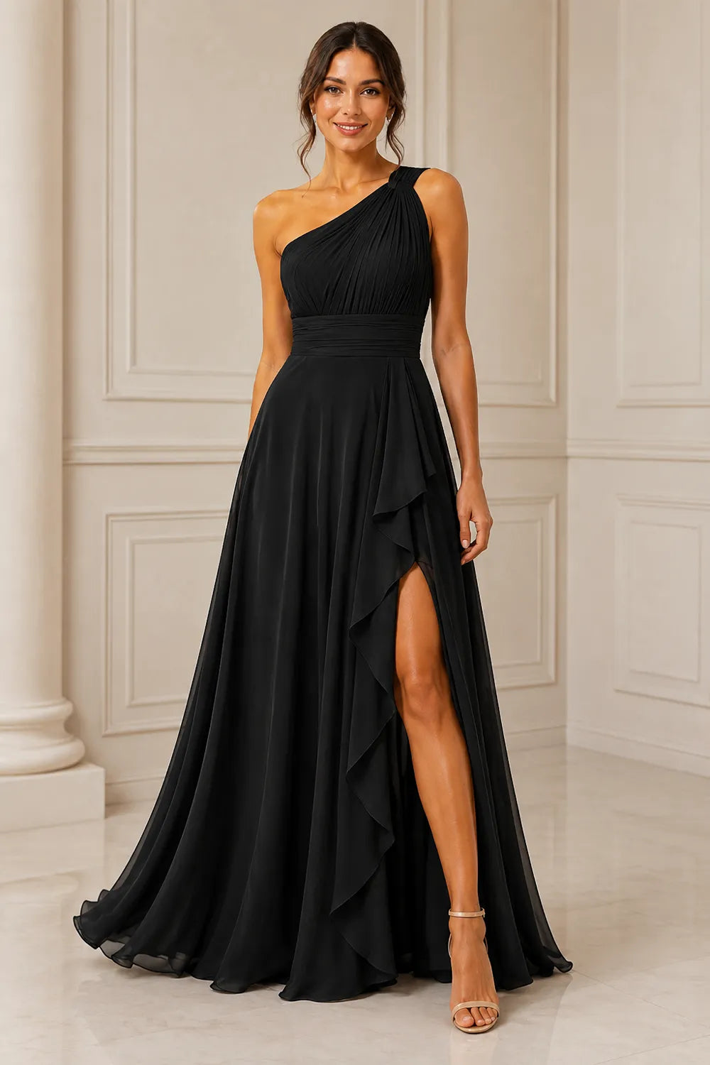 One Shoulder Chiffon Formal Dress with Slit