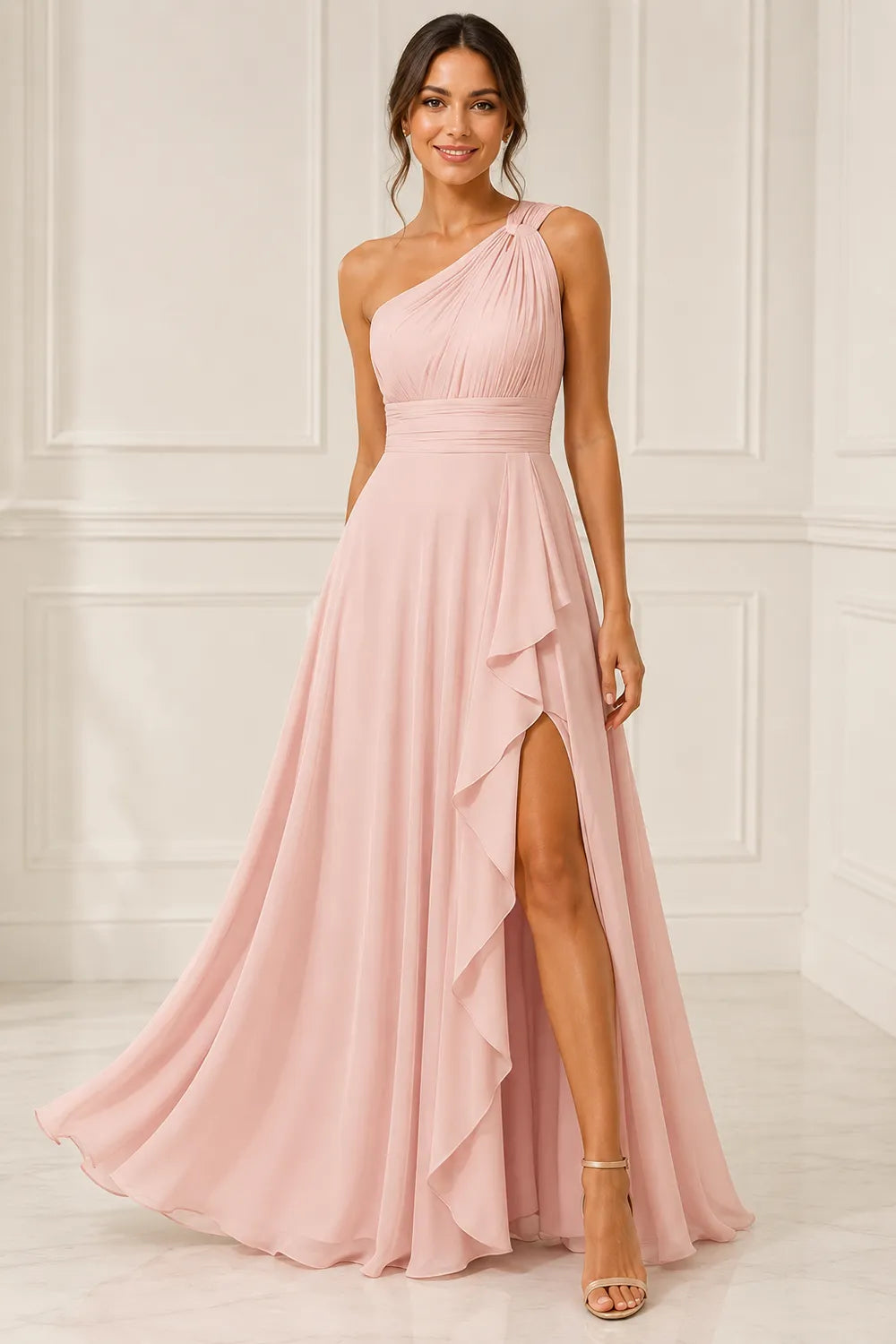 One Shoulder Chiffon Formal Dress with Slit
