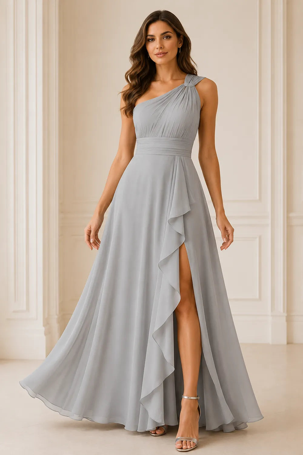One Shoulder Chiffon Formal Dress with Slit