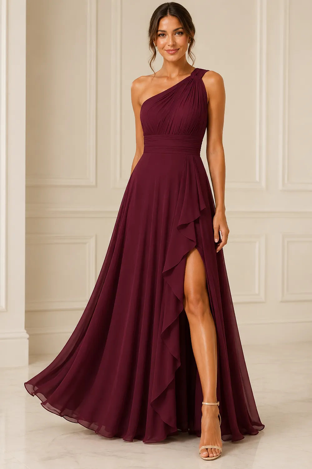 One Shoulder Chiffon Formal Dress with Slit