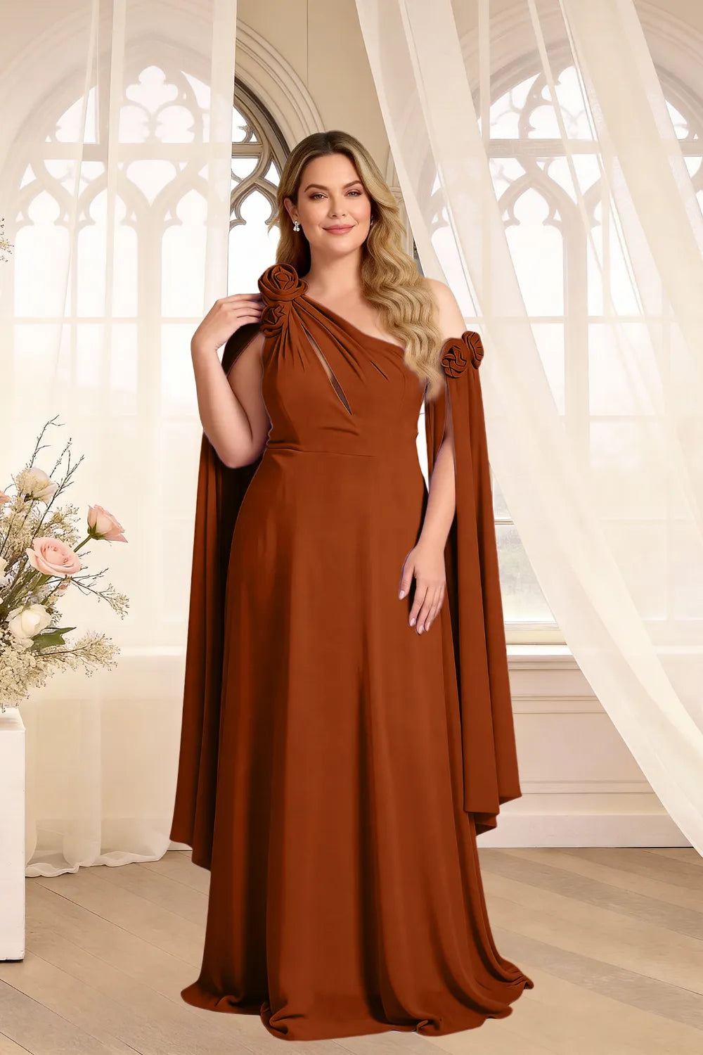 Floral Shoulder Cape A-Line Evening Gown